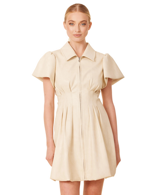 Birdie Faux Leather Zip Bubble Dress- Bone