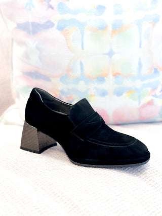 Lili Heeled Loafer- Black + Pewter