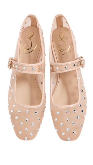 Michaela Shine Mesh Gem Embellished Mary Jane Flats- Vintage Pink