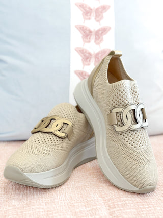 Simone Slip-On Sneaker- Sand + Gold