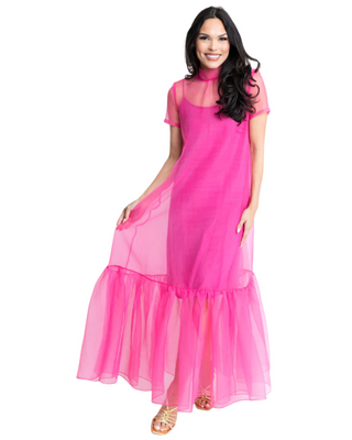 Organza Mock Neck Bow Maxi Dress- Bright Pink