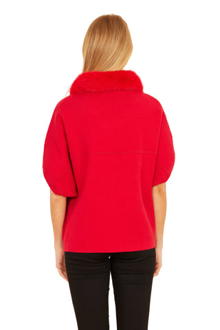 Short Sleeve Cardigan with Faux Fur Collar- Red
