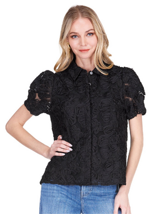 Floral Lace Overlay Blouse- Black