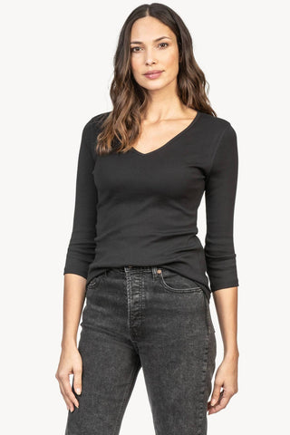 3/4 Sleeve V-Neck Top- Black
