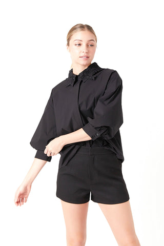 Peekaboo Lace Collared Shirt- Black