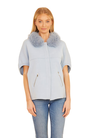 Short Sleeve Cardigan with Faux Fur Collar- Powder Blue