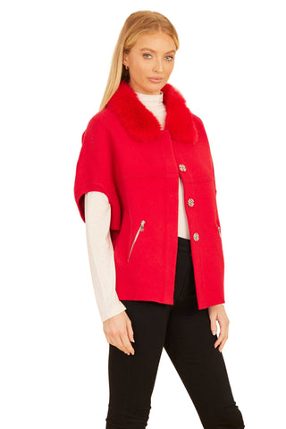 Short Sleeve Cardigan with Faux Fur Collar- Red