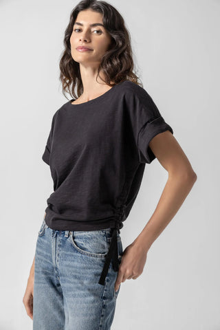 Ruched Side Boatneck Tee- Black