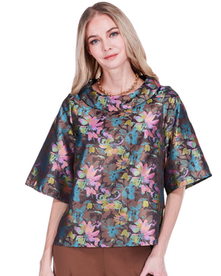 Jacquard Roll Collar Top- Vintage Floral