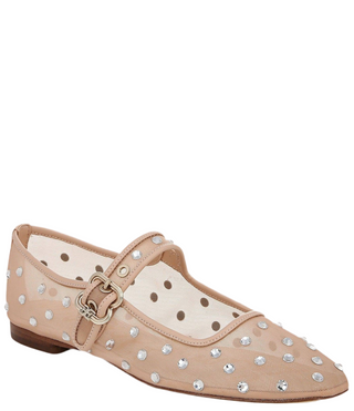 Michaela Shine Mesh Gem Embellished Mary Jane Flats- Vintage Pink