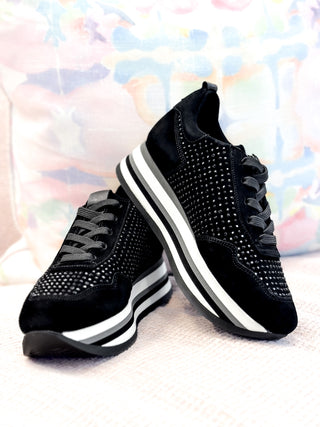 Cassia Tie Platform Sneaker- Black Velour