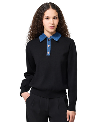 Denim Knit Collared Sweater- Black + Blue Denim