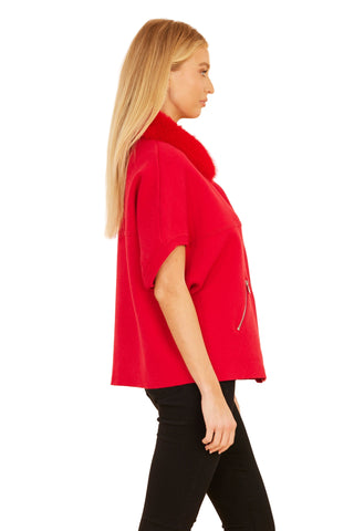 Short Sleeve Cardigan with Faux Fur Collar- Red