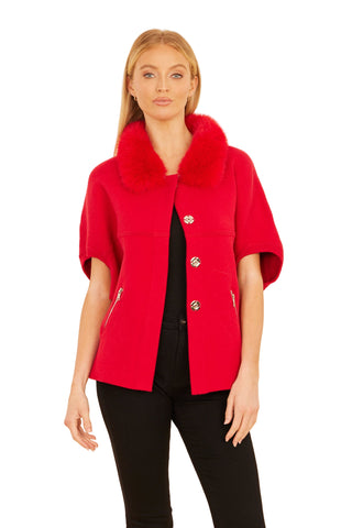 Short Sleeve Cardigan with Faux Fur Collar- Red