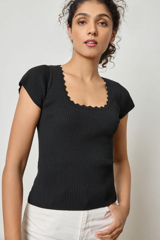 Cap Sleeve Scallop Neck Sweater- Black