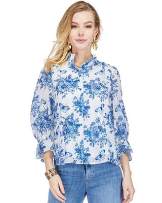 Blue Floral Eyelet Ruffle Shirt