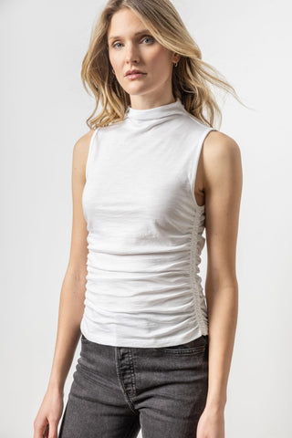 Shirred Mock Neck Tank- White