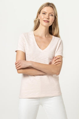 V-Neck Short Sleeve Back Seam Tee- Peony