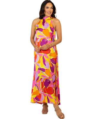 Floral Satin Mock Neck Halter Maxi Dress- Red