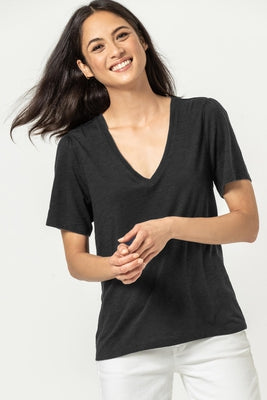 Short Sleeve Rib Trim V-Neck Top- Black