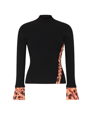 Printed Satin Cuff Knit Mock Neck Top- Black/Cheetah