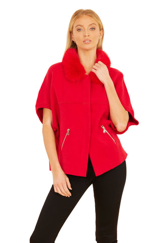 Short Sleeve Cardigan with Faux Fur Collar- Red