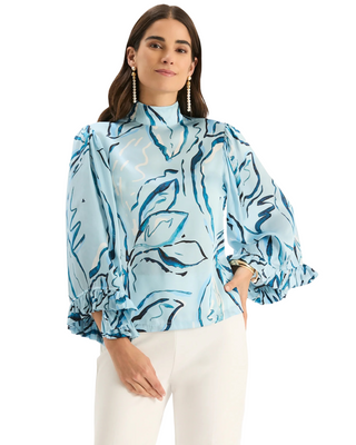 Sarah Charmeuse Mock Neck Top- Blue Floral