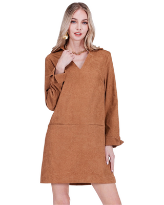 Long Sleeve Split Neck Collared Dress- Camel