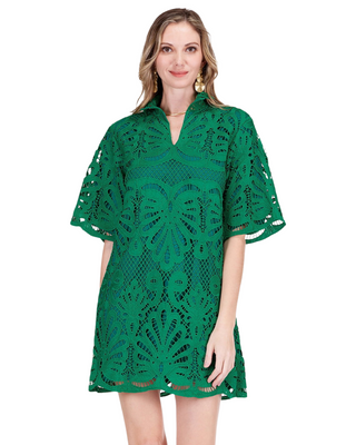 Green Floral Lace Overlay Mini Caftan