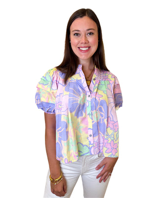 Pastel Floral Button Down Puff Sleeve Top