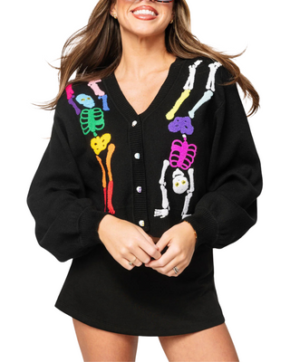Rainbow Skelton Button Up Cardigan- Black
