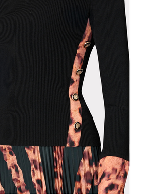 Printed Satin Cuff Knit Mock Neck Top- Black/Cheetah