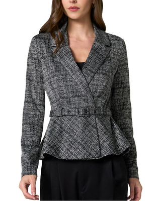 Belted Peplum Blazer- Black Tweed