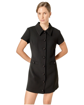 Covered Button Collar Dress- Black