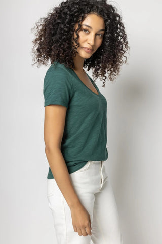 V-Neck Short Sleeve Back Seam Tee- Mallard