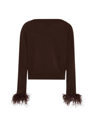 Feather Cuff V-Neck Sweater- Brown