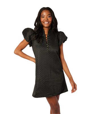 Puff Sleeve Button Front Dress- Black/Gold Jacquard