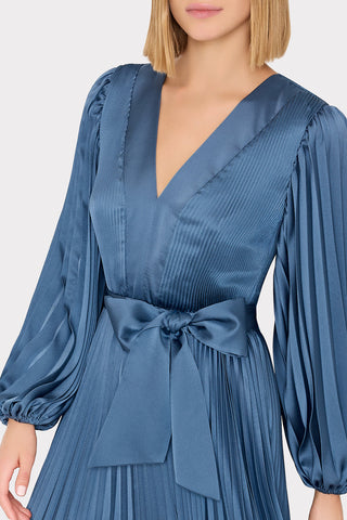 Nadie Solid Pleated Satin Dress- Stone