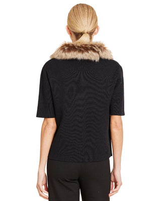Faux Fur Trim Cardigan- Black