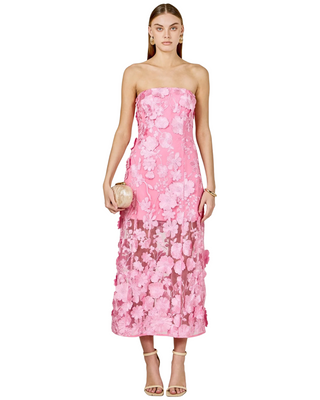 Strapless Floral Embroidered Maxi Dress- Peony Pink