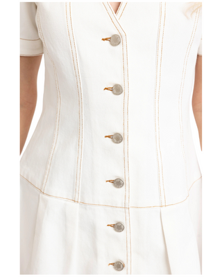 Denim Cap Sleeve Button Dress- Ivory