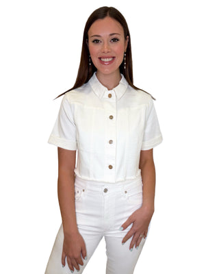 Cropped Short Sleeve Denim Jacket- Creme