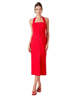 Linen Halter Neck Midi Dress- Red