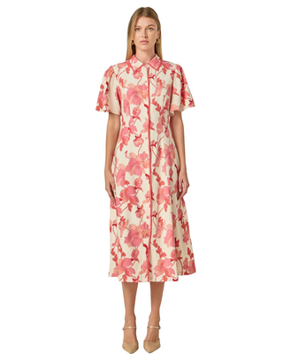 Pink + Cream Floral Midi Dress