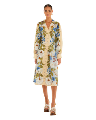 Blue Garden Scarf Long Sleeve Midi Dress