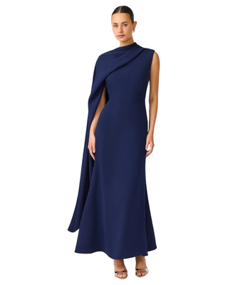 Leonara Asymmetric Cape Dress- Deep Navy