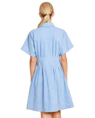 Faux Suede Pintuck Waist Dress- Sky