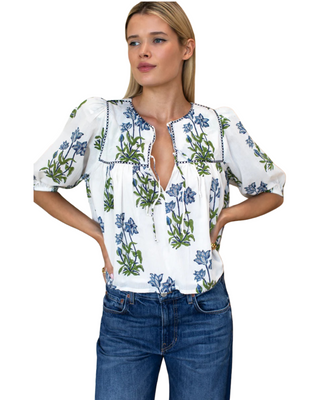 Puff Isla Top- Blue Clematis Flowers + Midnight Embroidery