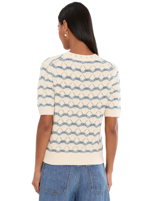 Short Sleeve Multistitch Pullover Sweater- Winter White Stripe