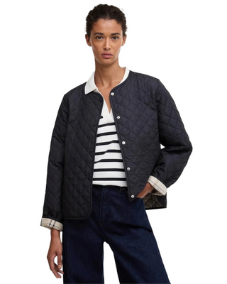 Cashel Collarless Quilted Jacket- Dark Navy/Dress Navy Tartan